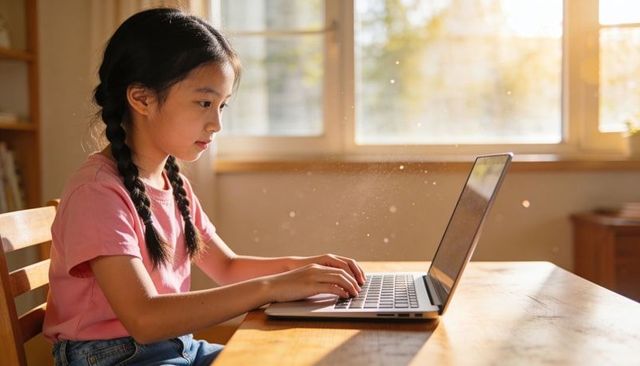 Sunlit young girl typing on laptop at wooden table for cozy home study and online learning
