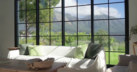 Sunlit minimalist living room featuring black-framed windows and lush garden view