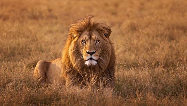 Lying male lion lifting head in golden savannah light, majestic mane wildlife portrait