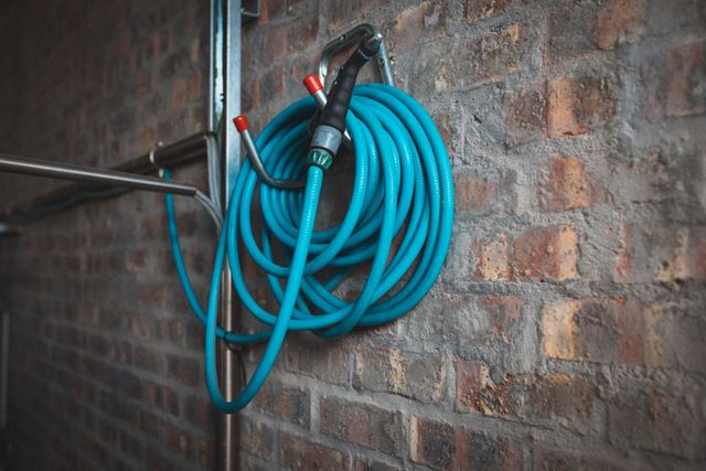 Plumbing and coiled blue hosepipe hanging on brick wall at gin distillery. equipment at an independent craft gin distillery business.