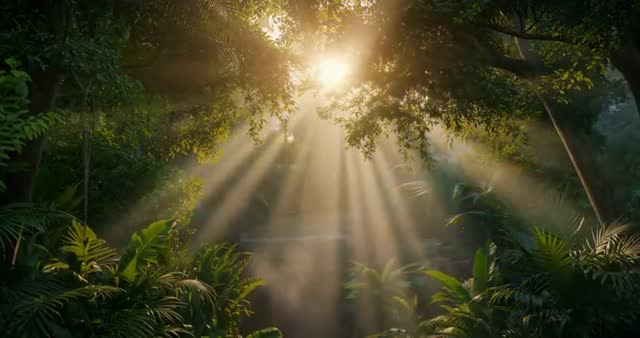 Sunlight Streams Through Tropical Canopy Illuminating Misty Pool