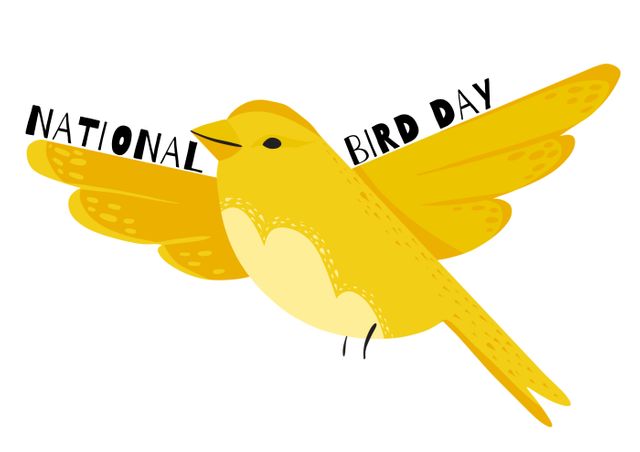 Digital composite image of national bird day text with yellow songbird on white background. awareness and symbol.
