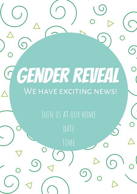 This editable template is perfect for creating gender reveal invitations with playful symbols and text. It features a teal theme with swirls and geometric shapes. This template could be used for baby showers, family gatherings, or celebration announcements. Easily personalize with specific date, time, and venue details for any future event.