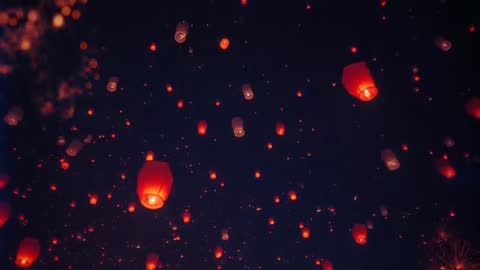Floating Lanterns in Night Sky Creating Magical Ambiance