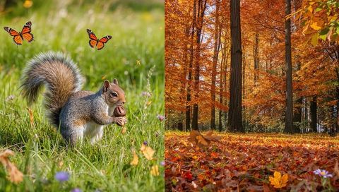Squirrel with acorn in vibrant autumn forest meadow