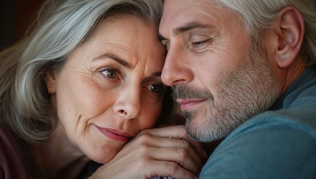 Senior couple sharing quiet embrace at home showing intimacy, companionship and warmth