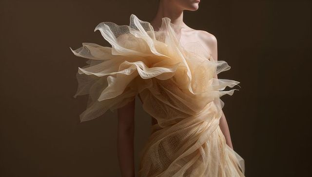 Posing model wearing sculptural beige tulle couture gown with dramatic ruffled one-shoulder