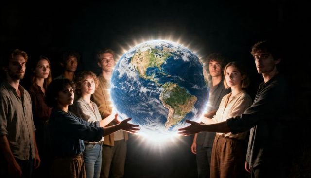 Diverse group circling glowing earth with halo light symbolizing unity and climate action
