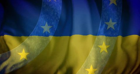 Rippling Ukraine Flag with Translucent EU Stars Overlay — Blue and Gold European Unity
