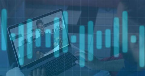 Man watching virtual presentation while typing on laptop with teal audio waveform and grid overlay