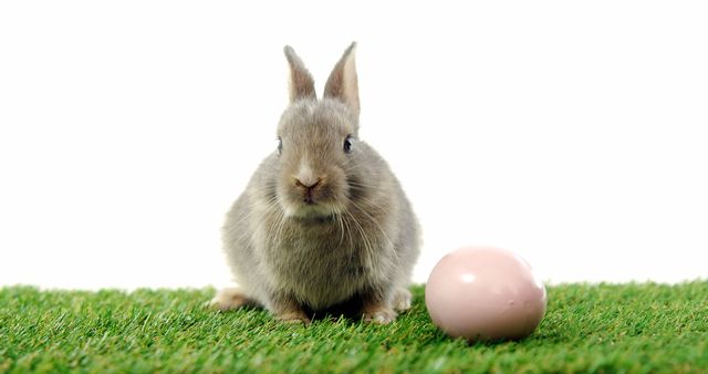 A cute grey rabbit sits next to a pink egg on a patch of artificial grass, with copy space. Perfect for Easter-themed projects, the image evokes the holiday's symbols of new life and springtime.