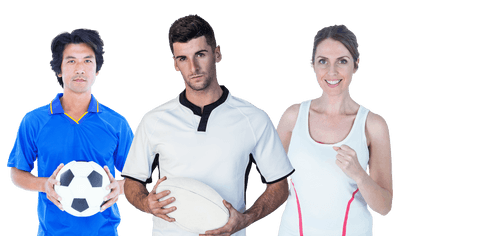 Diverse Sports Athletes Holding Football, Rugby, Tennis Balls on Transparent Background