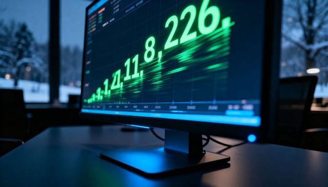 Widescreen monitor displaying neon green financial data and waveform, snowy window office