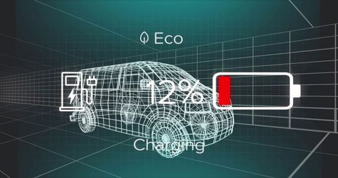 Electric van charging interface showing 12% battery in wireframe 3d grid eco dashboard