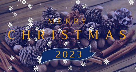 Festive Merry Christmas Greeting with Pine Cones and Snowflakes