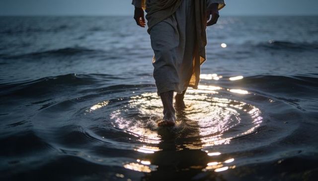 Walking on water, robed man wading through shallow sea at dawn with reflective ripples