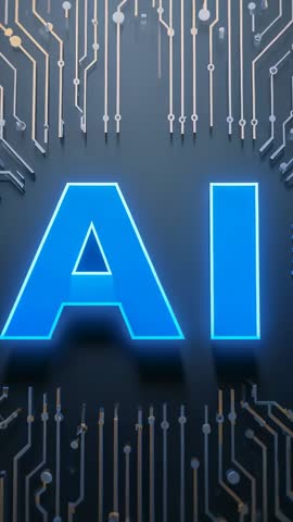 Pulsing blue AI letters across circuit board traces in vertical looping tech animation