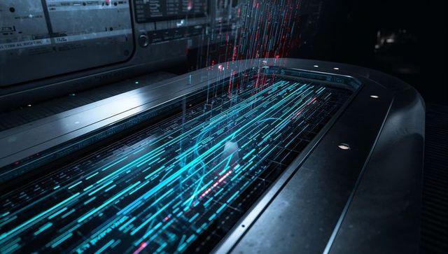 Streaming holographic cyan data across futuristic metal console with falling red bytes