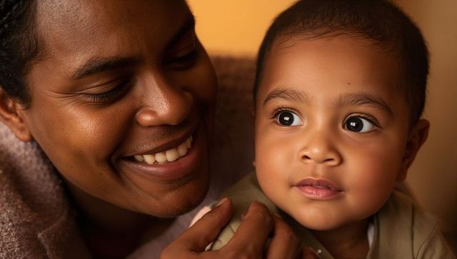 Mother smiling while holding toddler gazing to side warm family bond portrait soft warmth