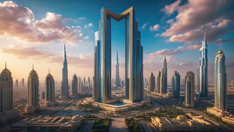Futuristic Skyscrapers at Sunset in Modern Desert Cityscape