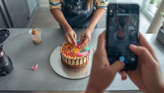 Pastry chef decorating colorful cake with smartphone shot