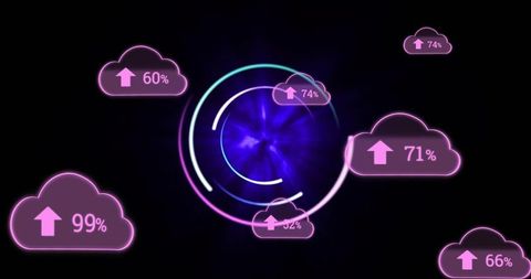 Glowing neon vortex pulling cloud data with futuristic holographic upload progress indicators