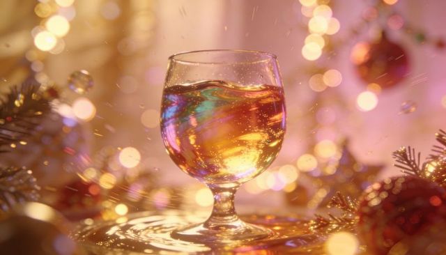 Festive golden cocktail in snifter glass with shimmering bokeh lights and holiday decorations