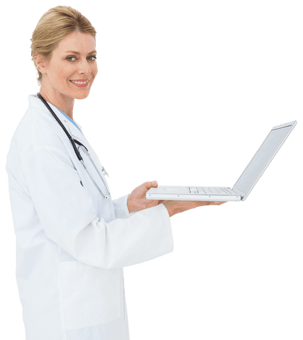 Confident Blonde Doctor Using Laptop on Transparent Background