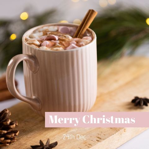 Warm christmas greeting with hot chocolate and marshmallows