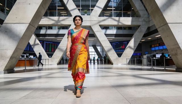 Indian woman walking in colorful saree through corporate atrium with geometric beams