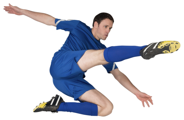 Football Player in Blue Uniform Performing Powerful Kick on Transparent Background - Download Free Stock Videos Pikwizard.com