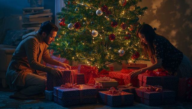 Couple Wrapping Christmas Gifts by the Tree in Cozy Holiday Scene