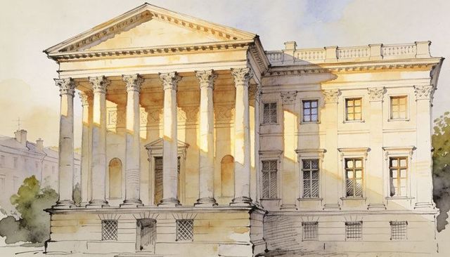 Neoclassical facade with six corinthian columns and pediment, watercolor architectural sketch