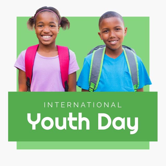 Composite of smiling african american boy and girl with schoolbags and international youth day text. portrait, copy space, education, childhood, celebration, cultural and legal issues awareness.