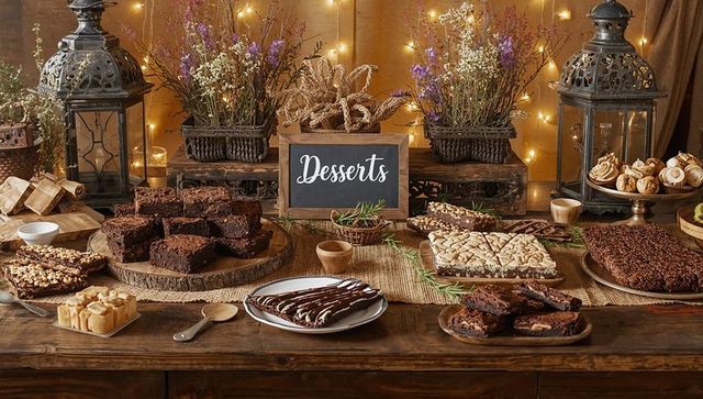 Rustic dessert buffet with brownies, fudge and pastries on wooden farmhouse table