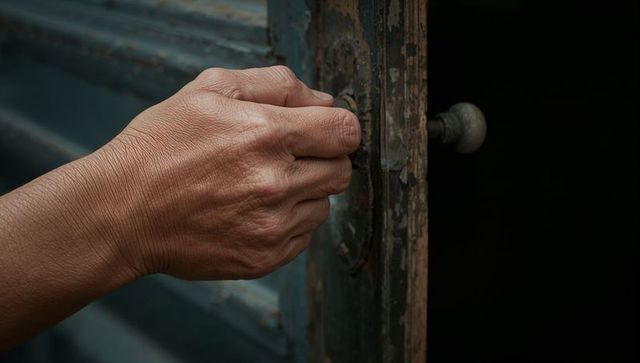 Weathered hand turning rusty key in old wooden door lock with peeling paint