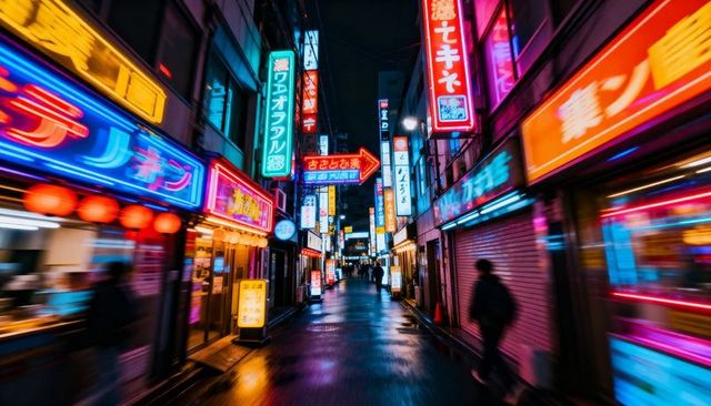Neon-lit tokyo alley at night with wet reflections, lantern glow and cinematic motion blur