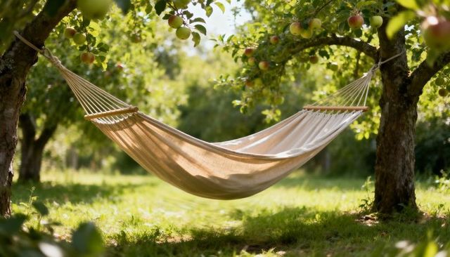 Beige hammock swaying between apple trees in sunlit orchard with wooden spreader bars