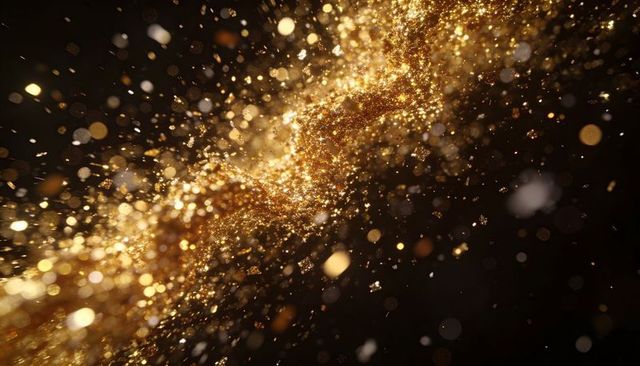 Shimmering Gold Dust Stream Flowing Through Dark Space with Bokeh Light Sparkles