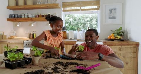 Father and Daughter Gardening Together in Cozy Kitchen Space