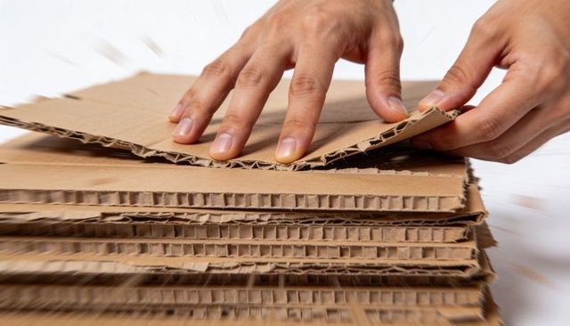 Hands peeling corrugated cardboard layers revealing fluting texture, closeup for packaging