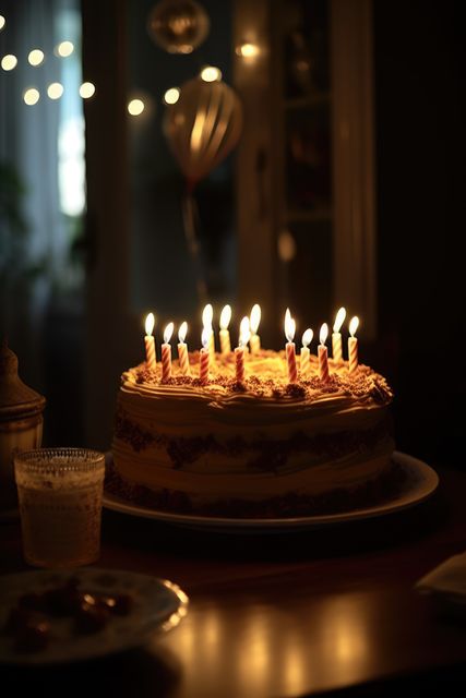 Image shows a birthday cake topped with lit candles, set on a table in a dimly lit room with cozy, inviting ambiance. Balloons and soft lights are visible in the background. Perfect for illustrating birthday celebrations, festive greetings, party invites, and cozy home decoration themes.