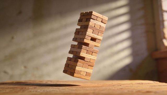 Floating Wooden Block Tower Casting Window Blind Shadows on Rustic Table