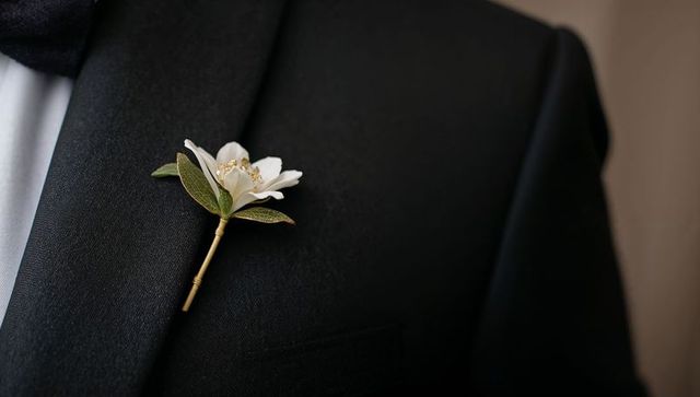 Groom wearing black tuxedo with white floral boutonniere close-up