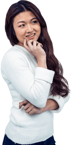 Transparent Smiling Woman Touching Chin in Casual Attire