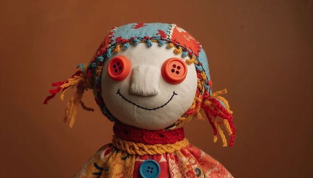 Handmade rag doll featuring button eyes and patchwork headscarf, rustic craft portrait
