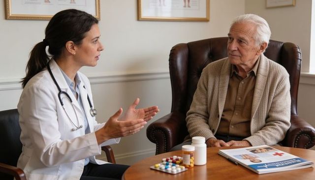Female doctor explaining medication and care plan to elderly man during consultation