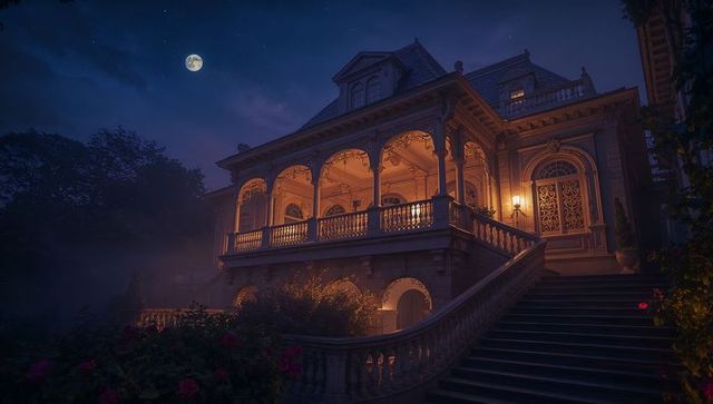 Majestic Mansion Under Moonlight with Elegant Illumination