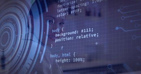 Asian woman coding with futuristic HUD overlays and blue circuit visualization at workstation