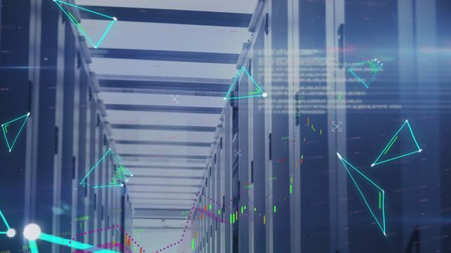 Animated illustration of abstract triangular shapes and processing data overlaid on a modern server room. Suitable for illustrating advanced technology, data storage solutions, IT infrastructure, network management, and future tech concepts.